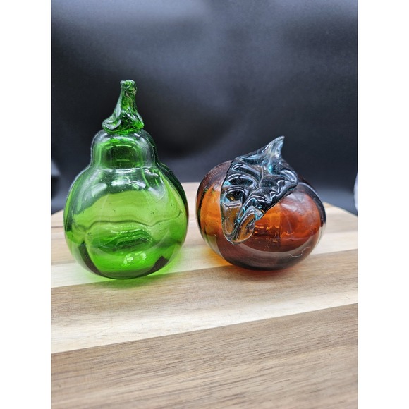 Set Of 2 Vintage Hand Blown‎ Glass Fruits Apple Pear - Picture 6 of 9